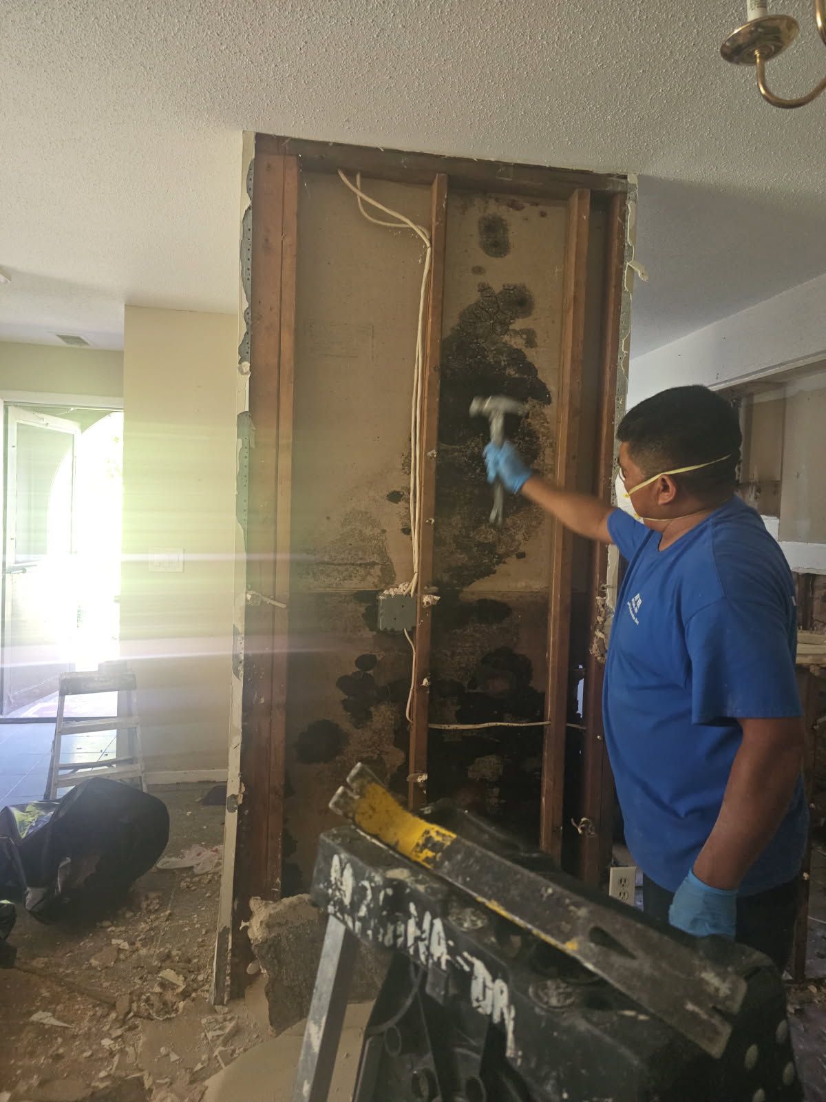 Man in blue shirt and mask removes mold from a wall with a hammer.