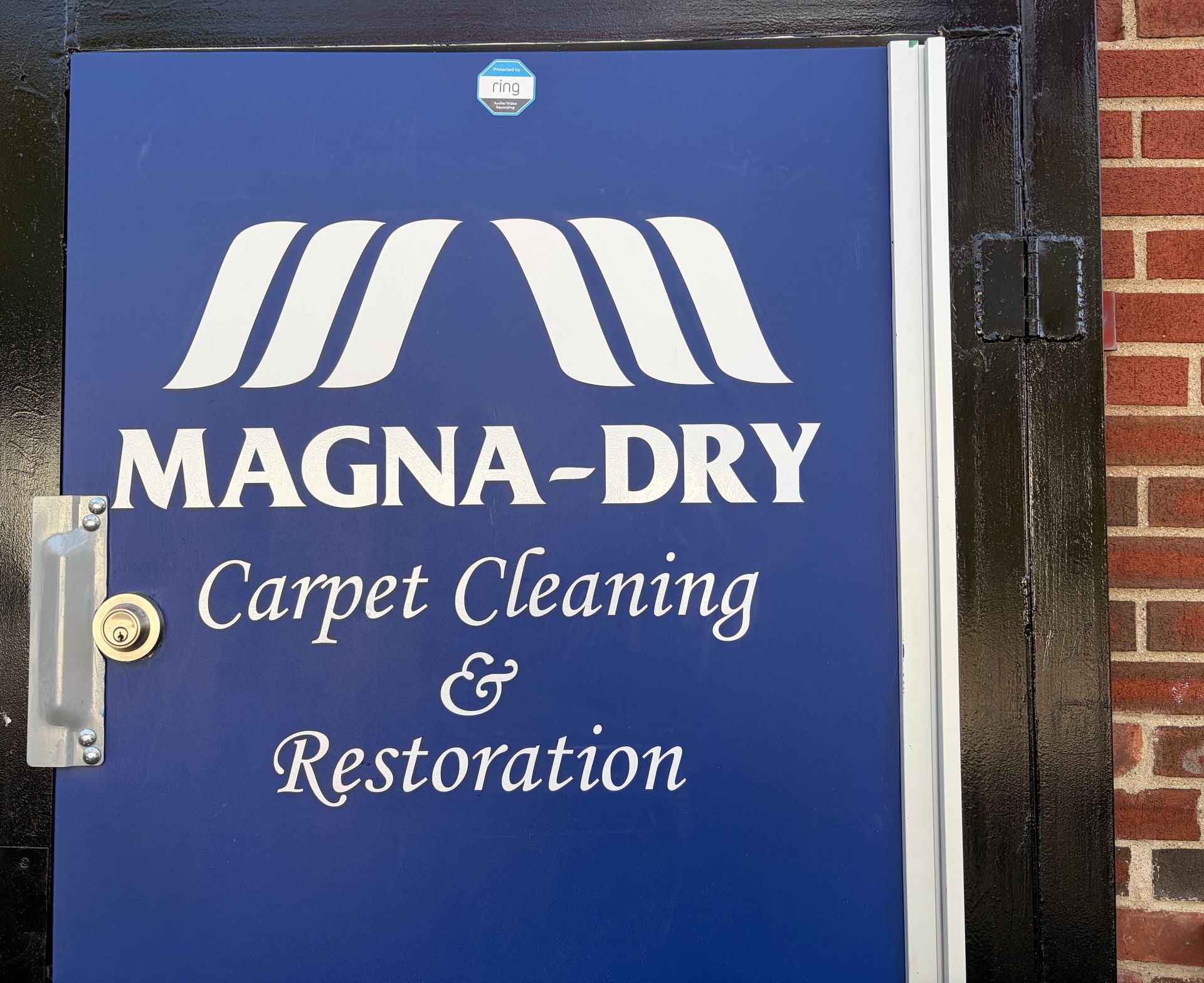 Blue door sign for Magna-Dry Carpet Cleaning & Restoration with white logo and text; black door frame, red brick wall.