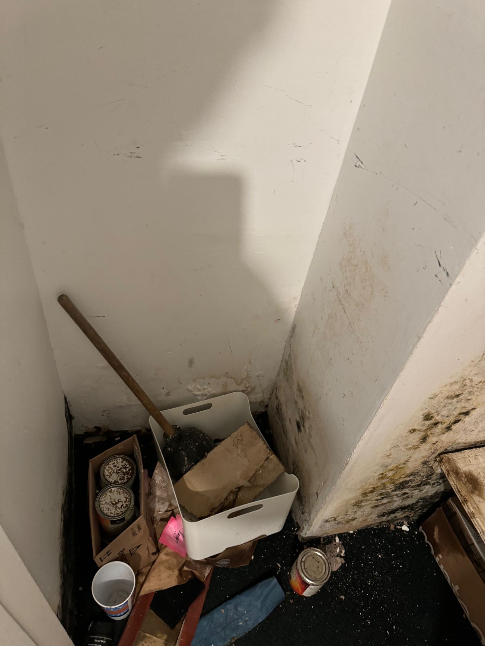 A cluttered corner with a broom, boxes, and a white bin; the walls show water damage and potential mold.