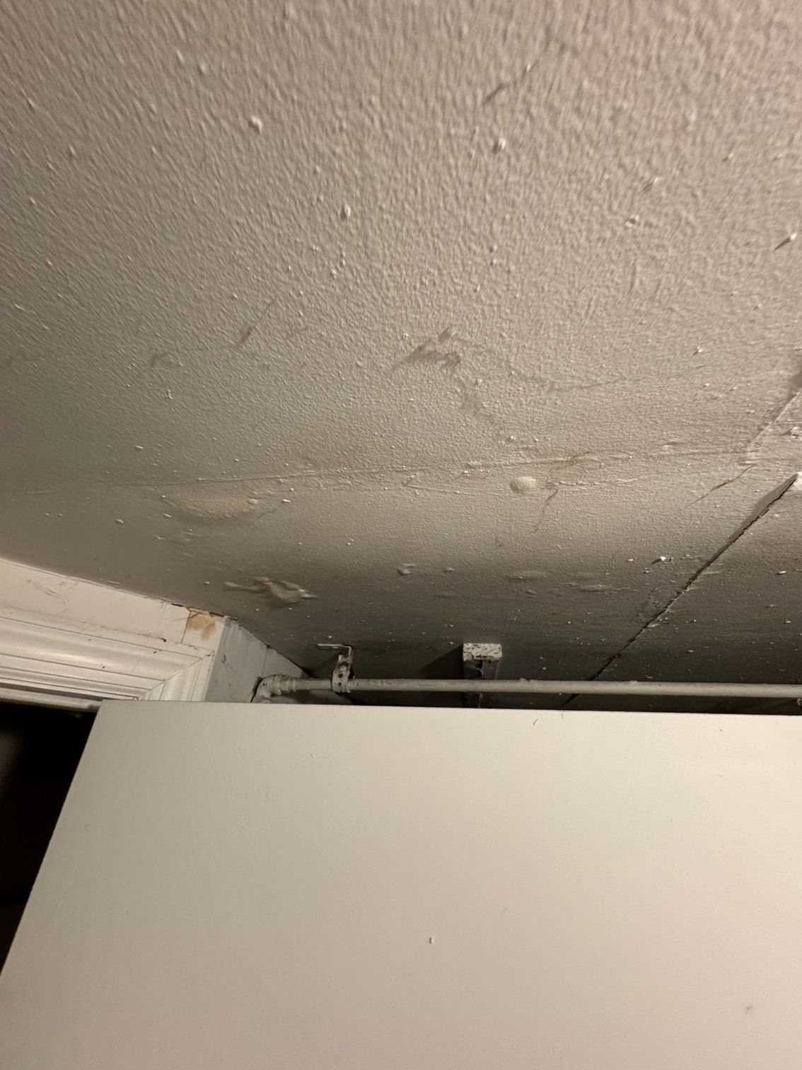 Off-white ceiling with dark stains, above a gray closet door and metal rod.