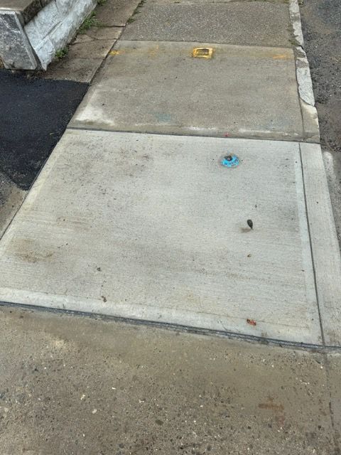 Concrete sidewalk with varying textures and stains.