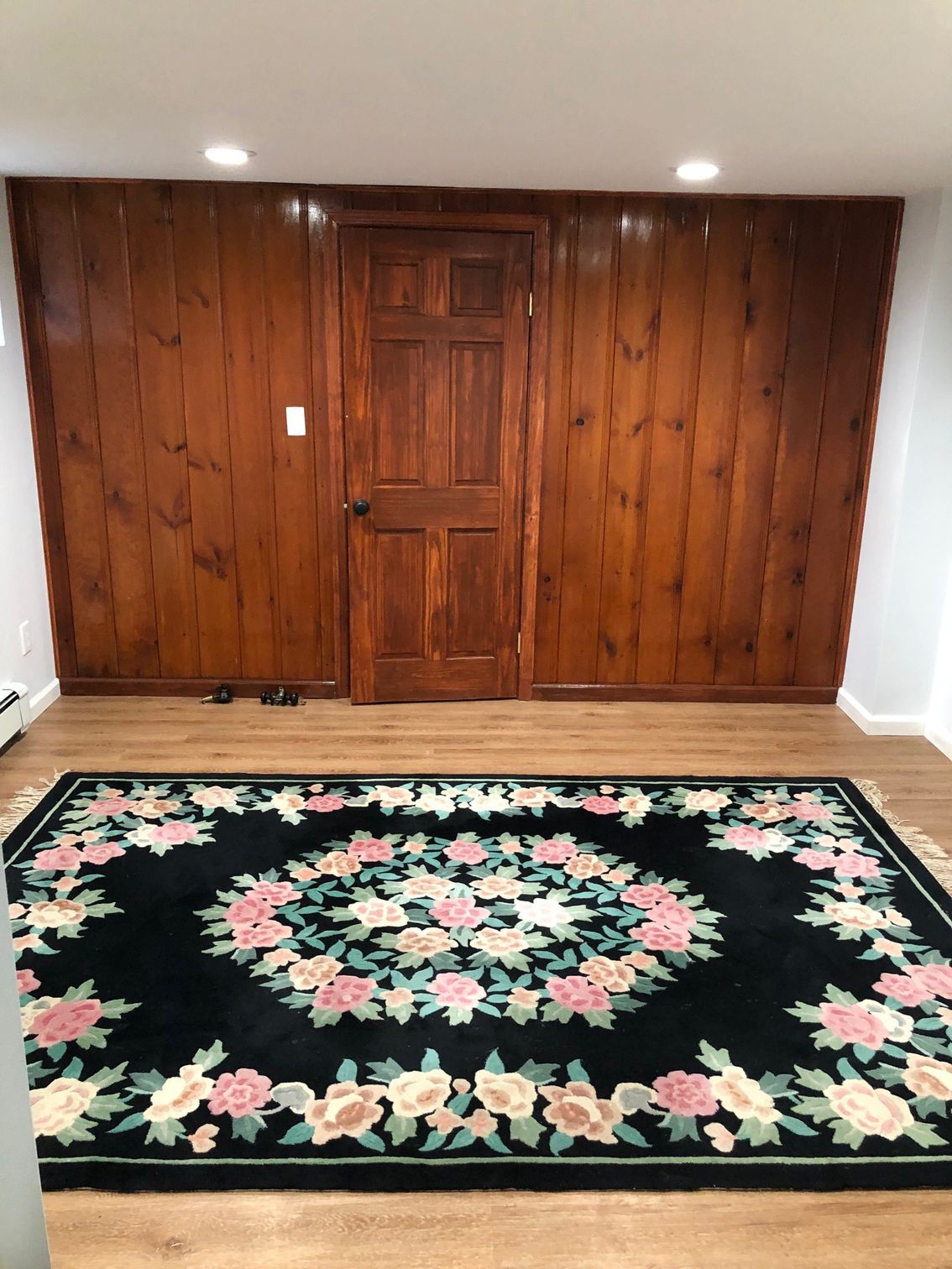 Room with dark wood paneling, door, and a patterned rug on a light wood floor.
