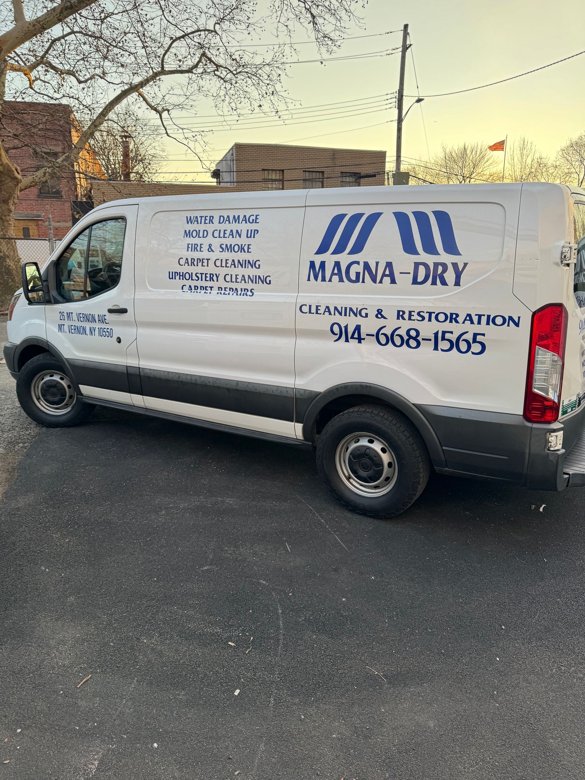 White Magna Dry van with blue logo parked outdoors.