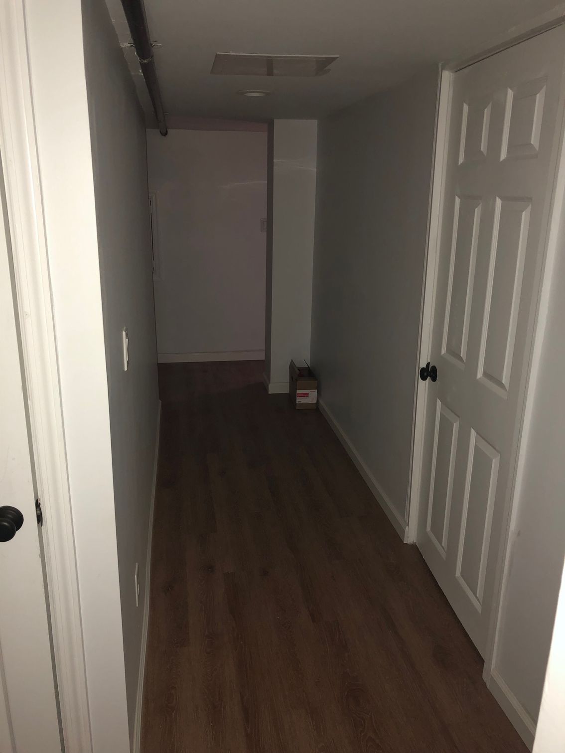 Narrow hallway with wood-look floor, white walls, and closed white doors.