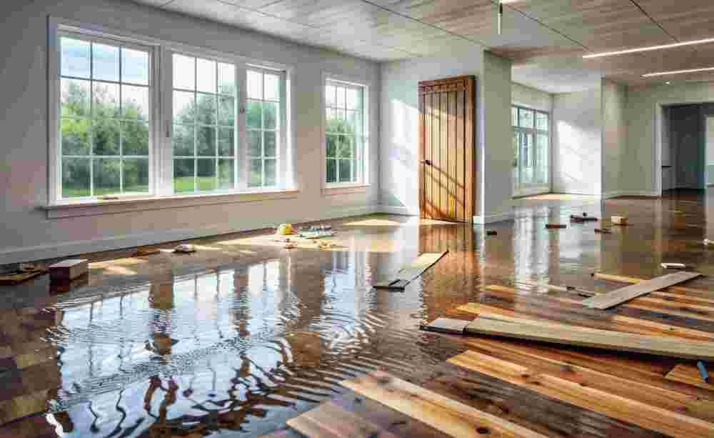 Flooded room with wood flooring installation underway, large windows, and door.