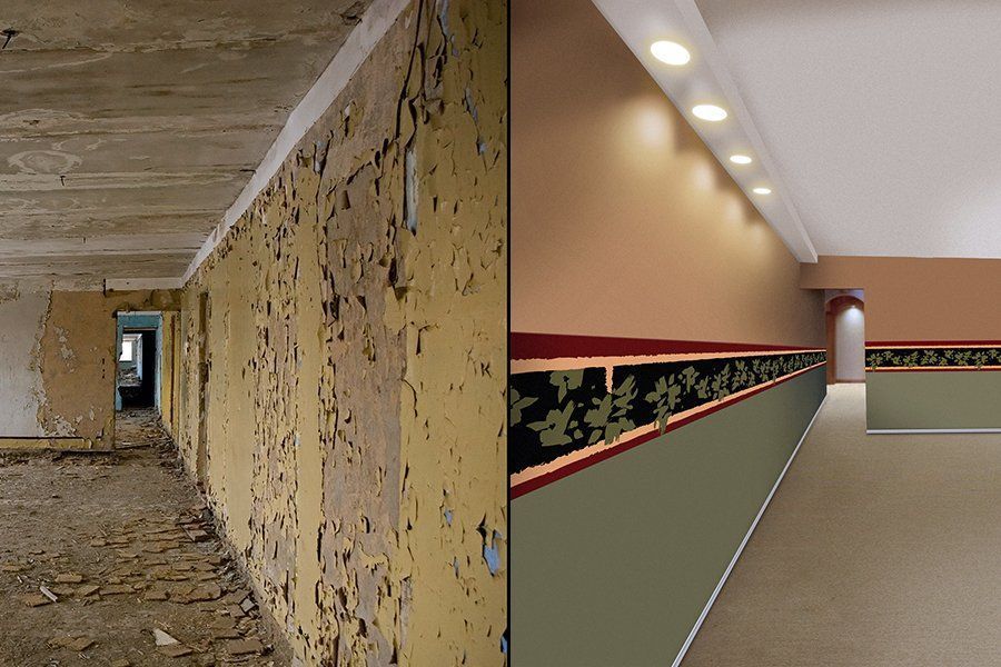 Room renovation: Before (damaged wall) and after (painted, with lights and decor).