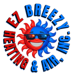 EZ Breezy Heating & Air logo with smiling red-and-blue sun wearing sunglasses