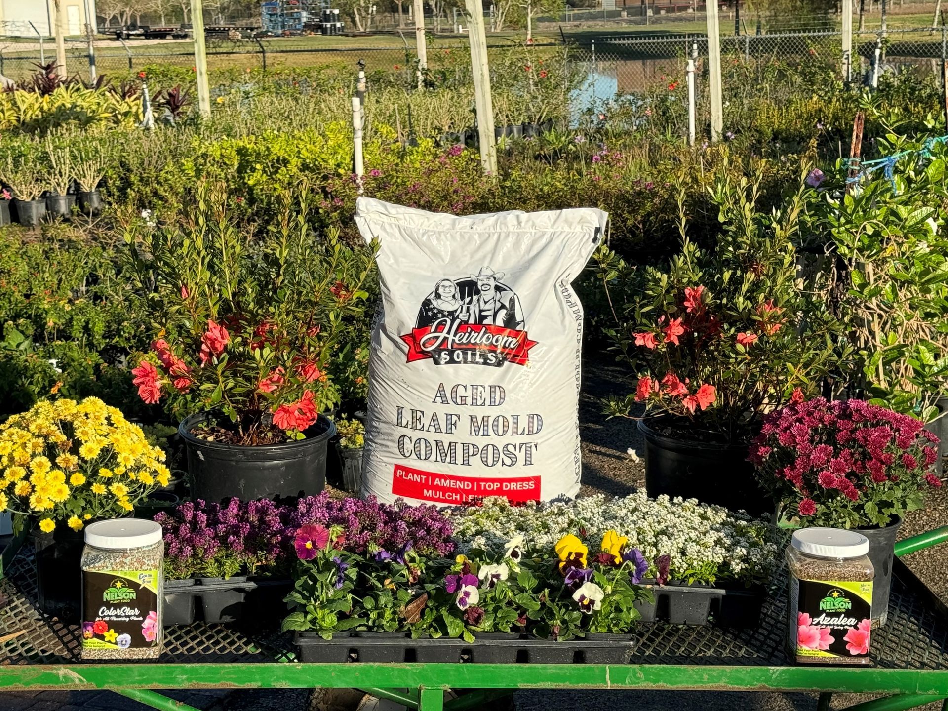 A bag of soil is sitting on top of a table with flowers.