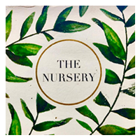 The nursery logo is surrounded by green leaves on a white background.