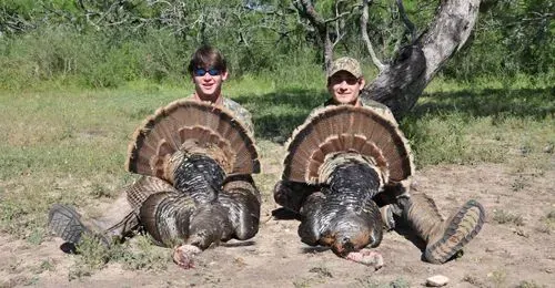 Two teens capturing turkeys.