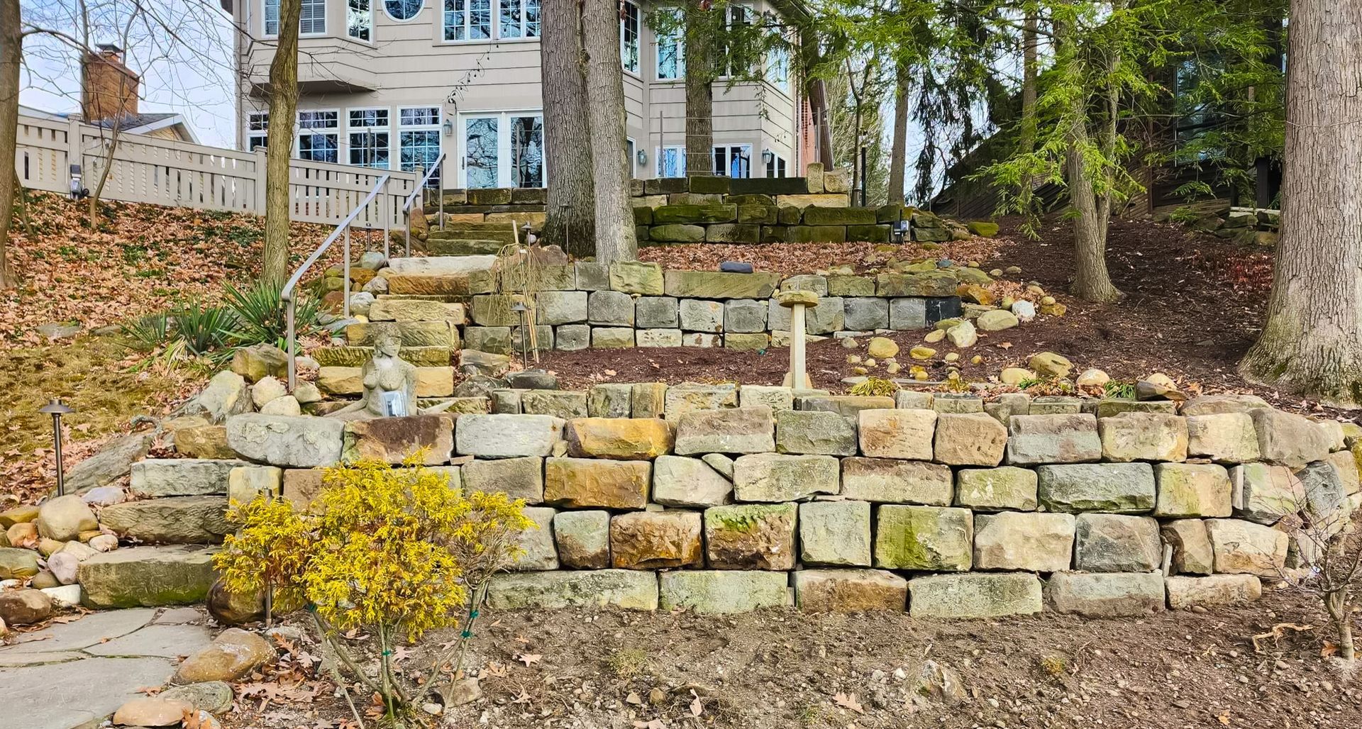 A stone wall in a yard with a house in the background.