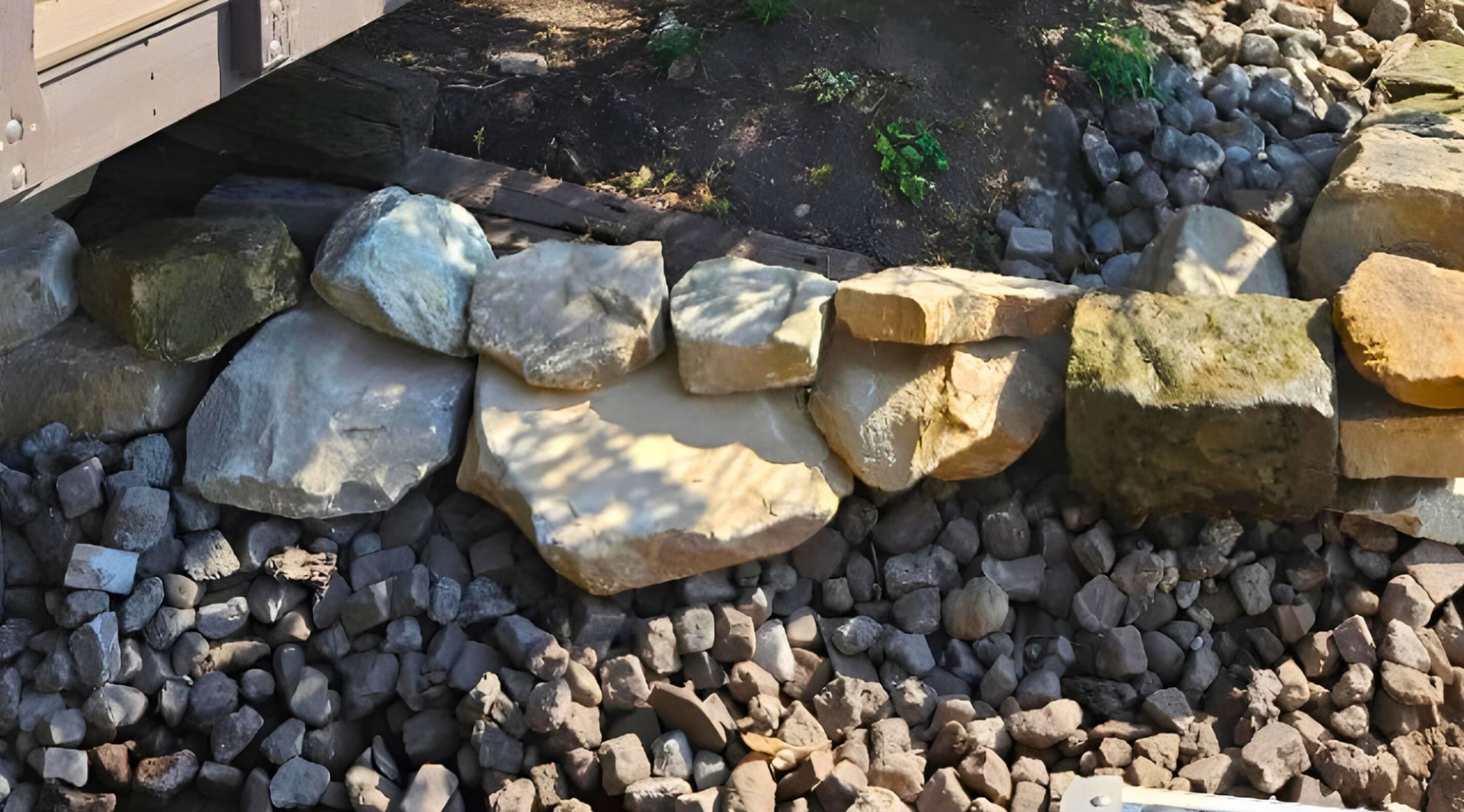 A pile of rocks and gravel under a bridge