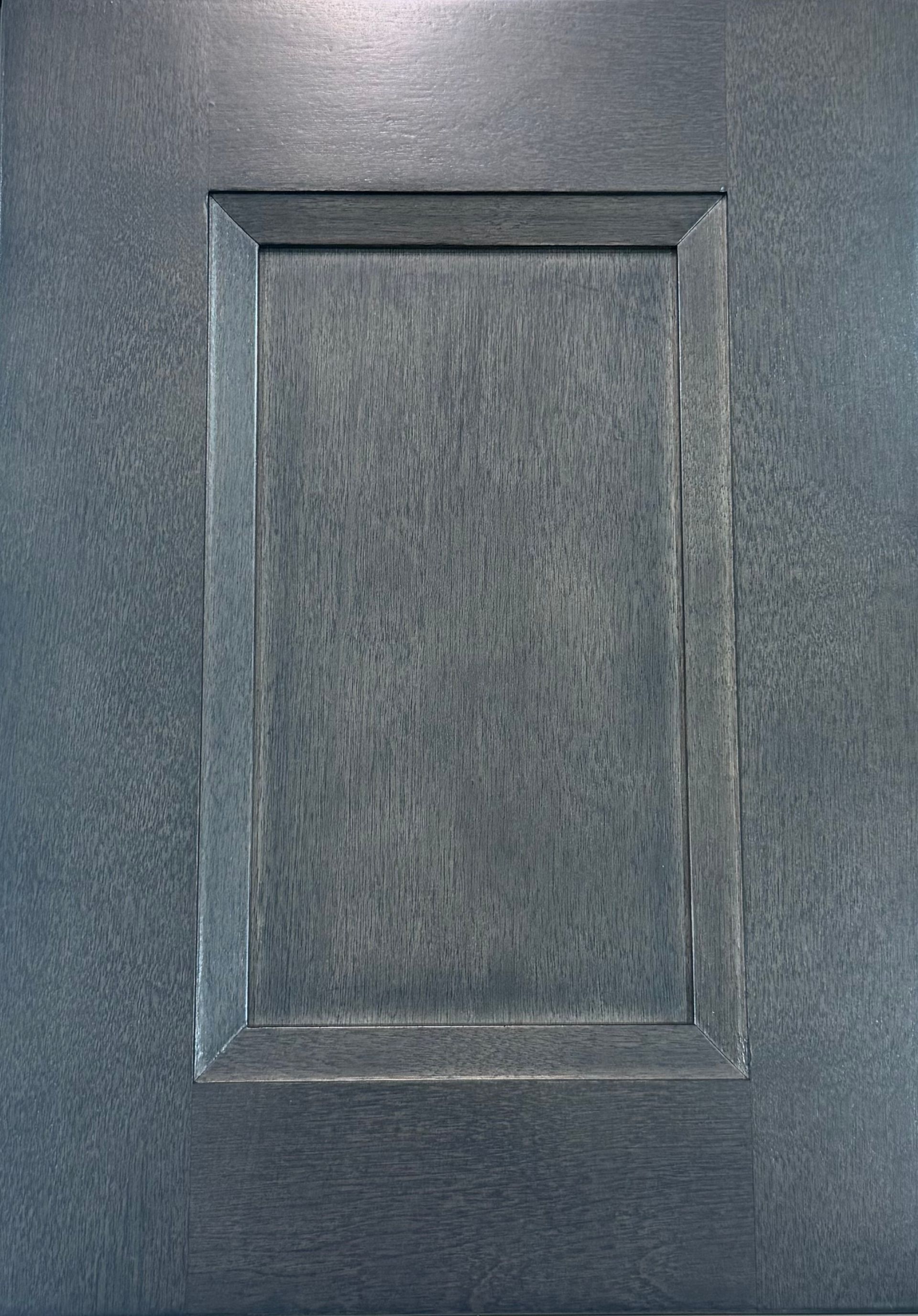 Gray kitchen cabinet door with a raised center panel.