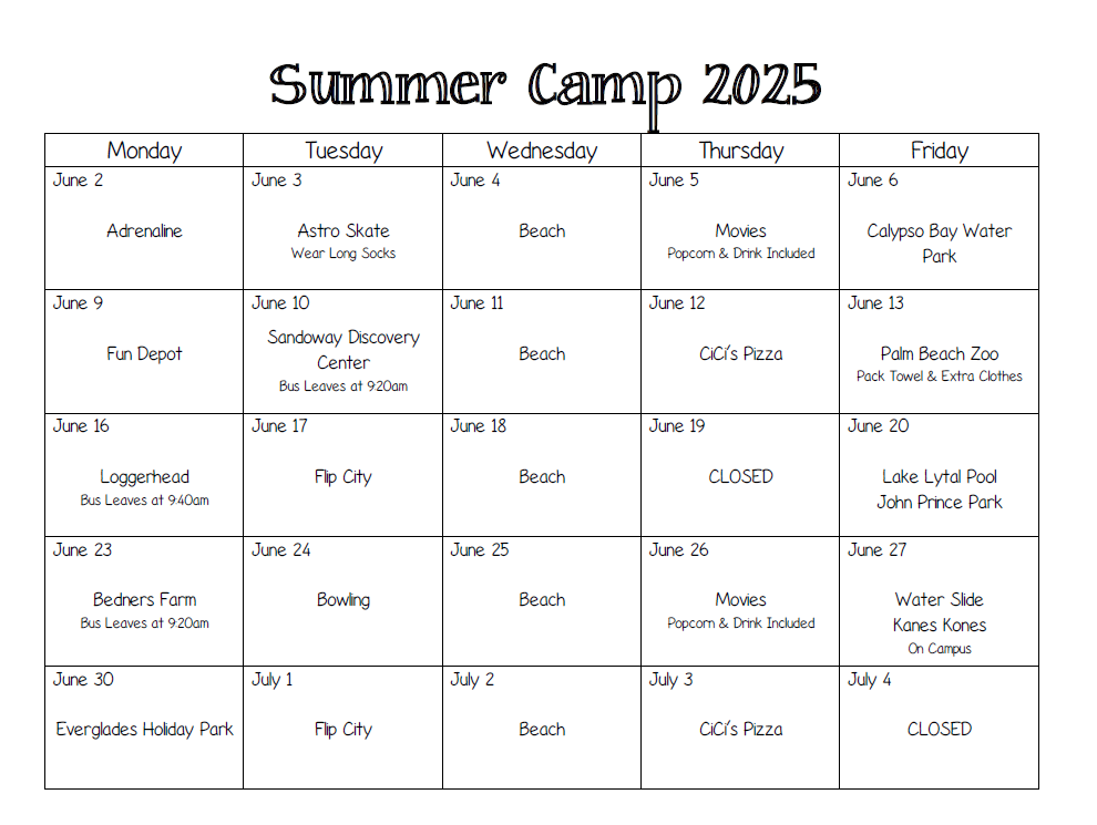 Summer Camp Calendar 2025