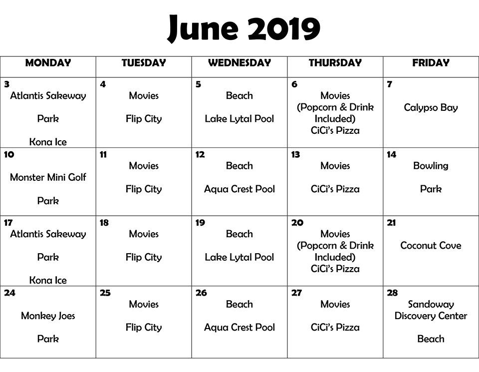 Summer Camp Calendar 2019-2