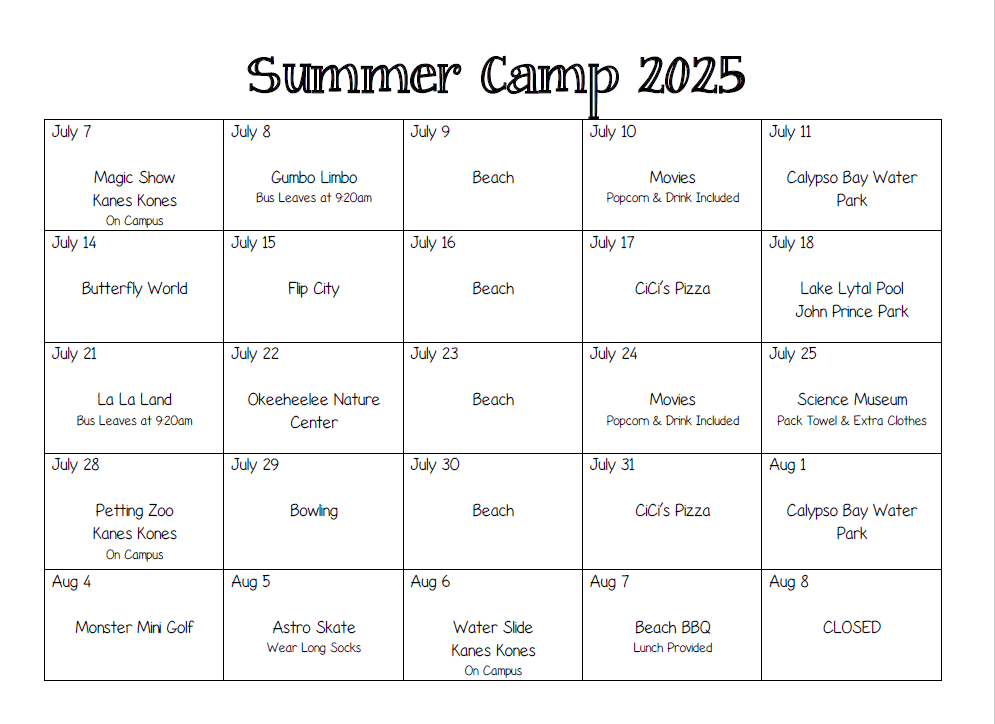 Summer Camp Calendar 2025