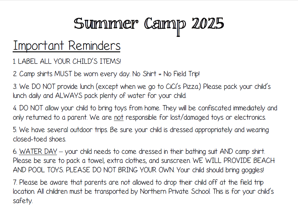 Summer Camp 2025 Reminders