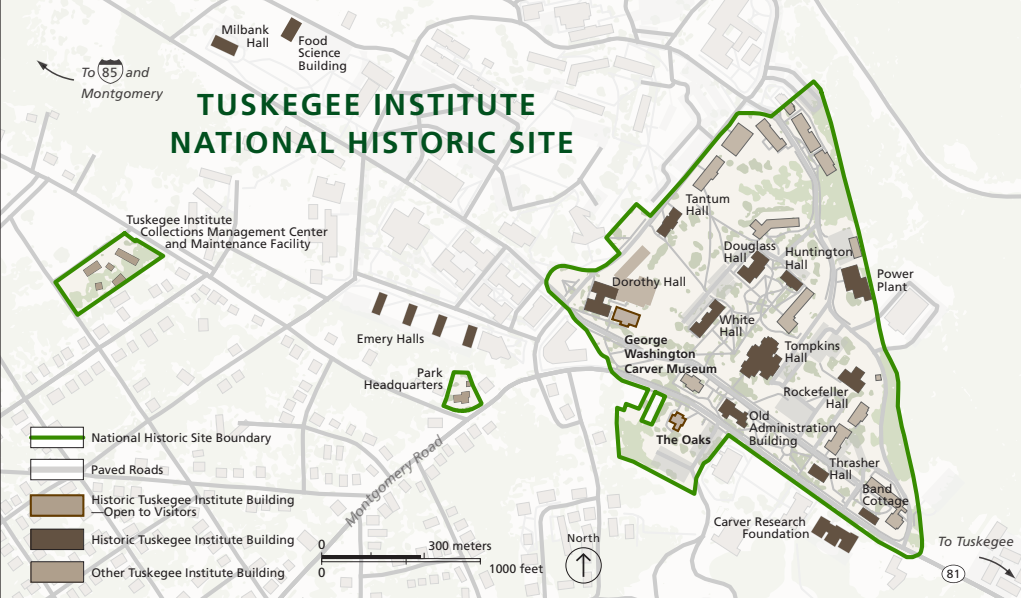 Map of Tuskegee Institute National Historic Site with highlighted buildings and green boundary lines