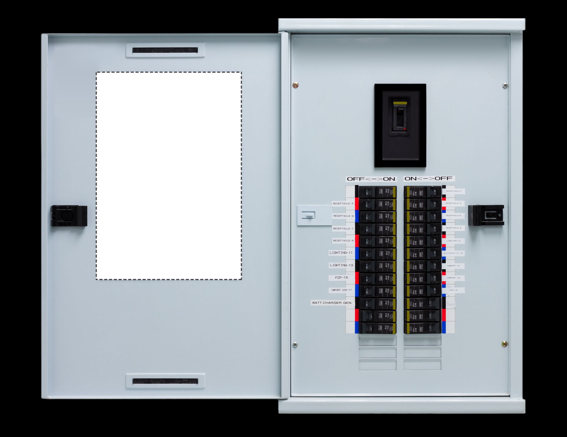 Open electrical panel showing circuit breakers, with a blank area on the door.
