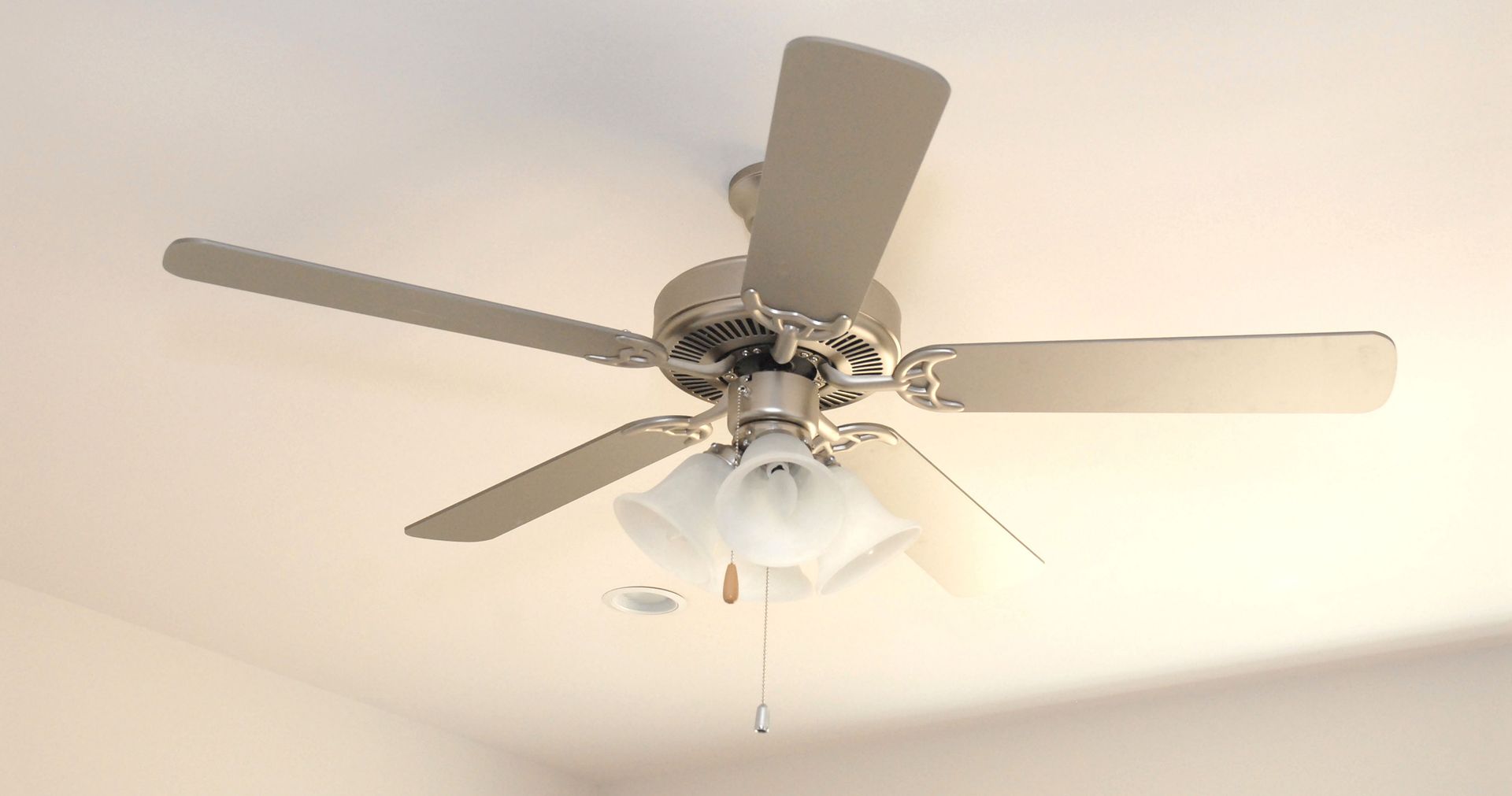 Ceiling fan with five silver blades and three frosted glass light fixtures.
