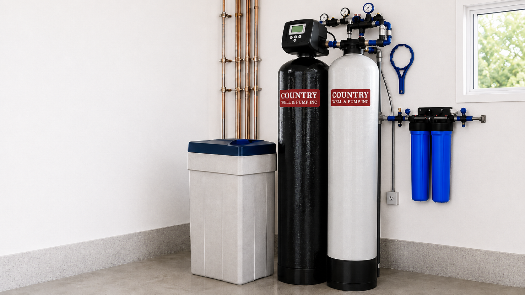 Water softener system with twin black tanks, white tank, and blue filter canisters in a utility room