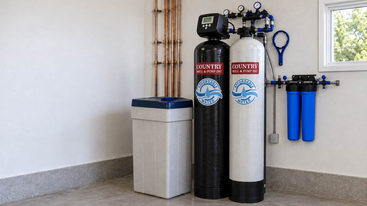 Water softener and filtration system installed beside a garage wall, with black and silver tanks and blue filter canisters.