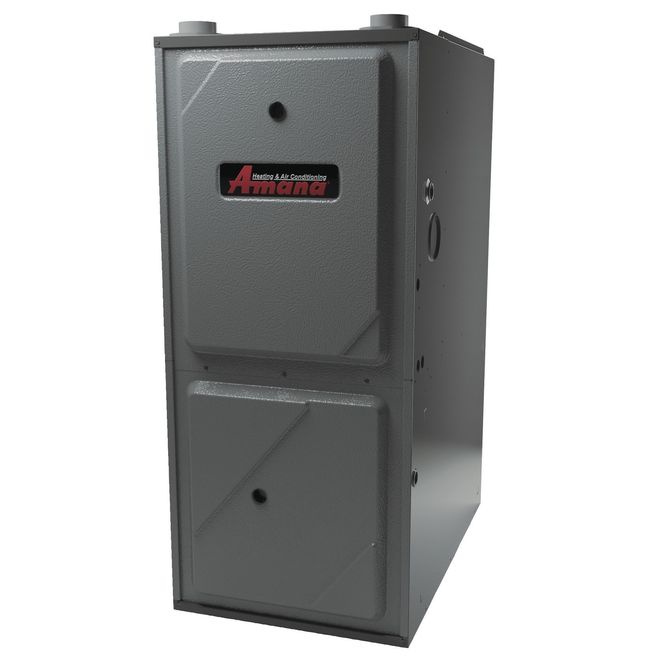 Gray Amana furnace. Rectangular, with two front access panels and top exhaust ports.