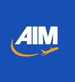 AIM logo: white letters on blue background, with a gold crescent and airplane silhouette.