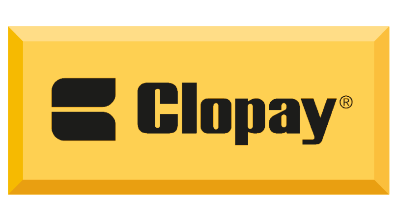 Yellow Clopay logo with a black abstract design and the brand name.