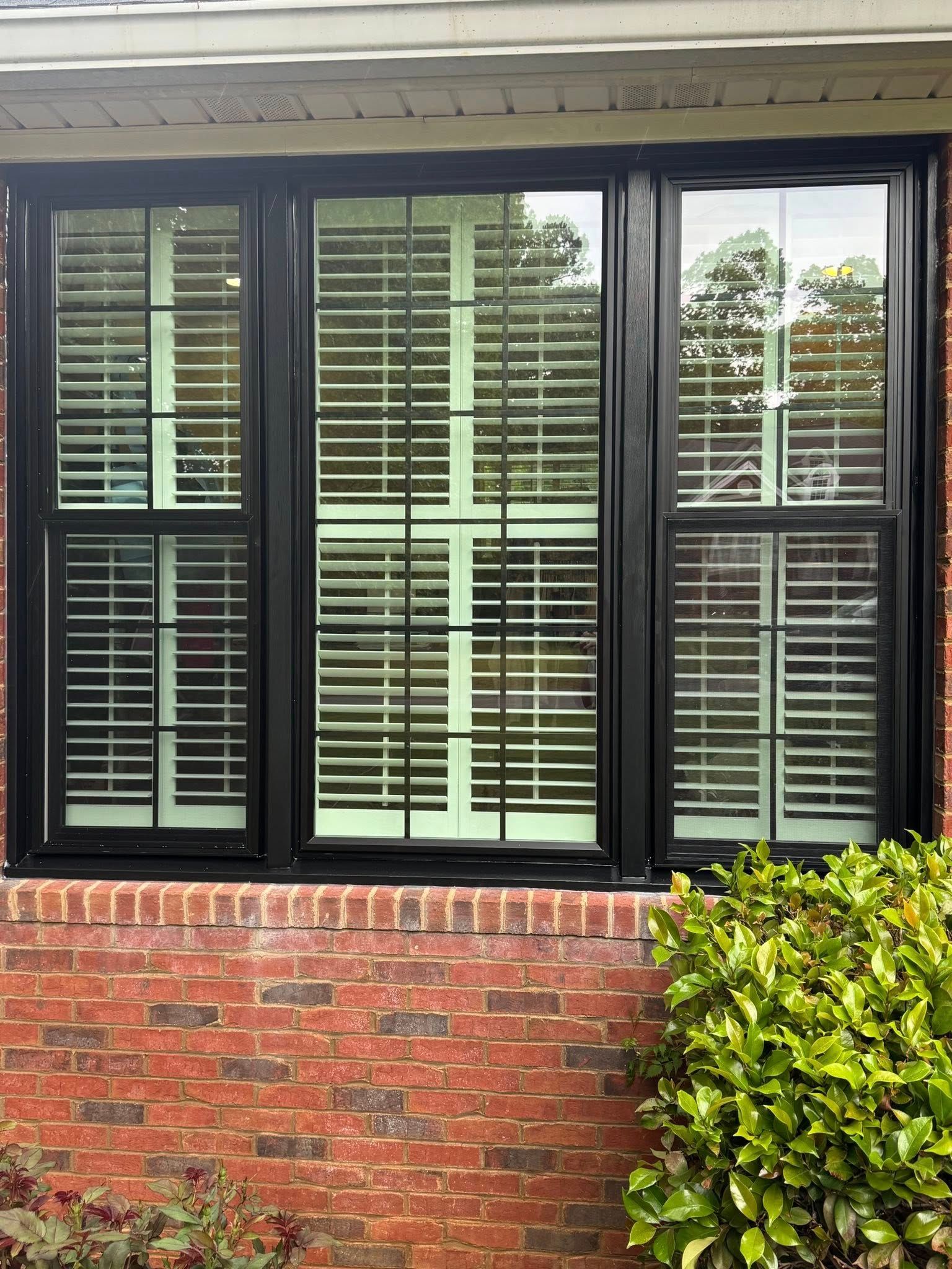 Black-framed windows with white shutters on a brick exterior, shrubbery in front.