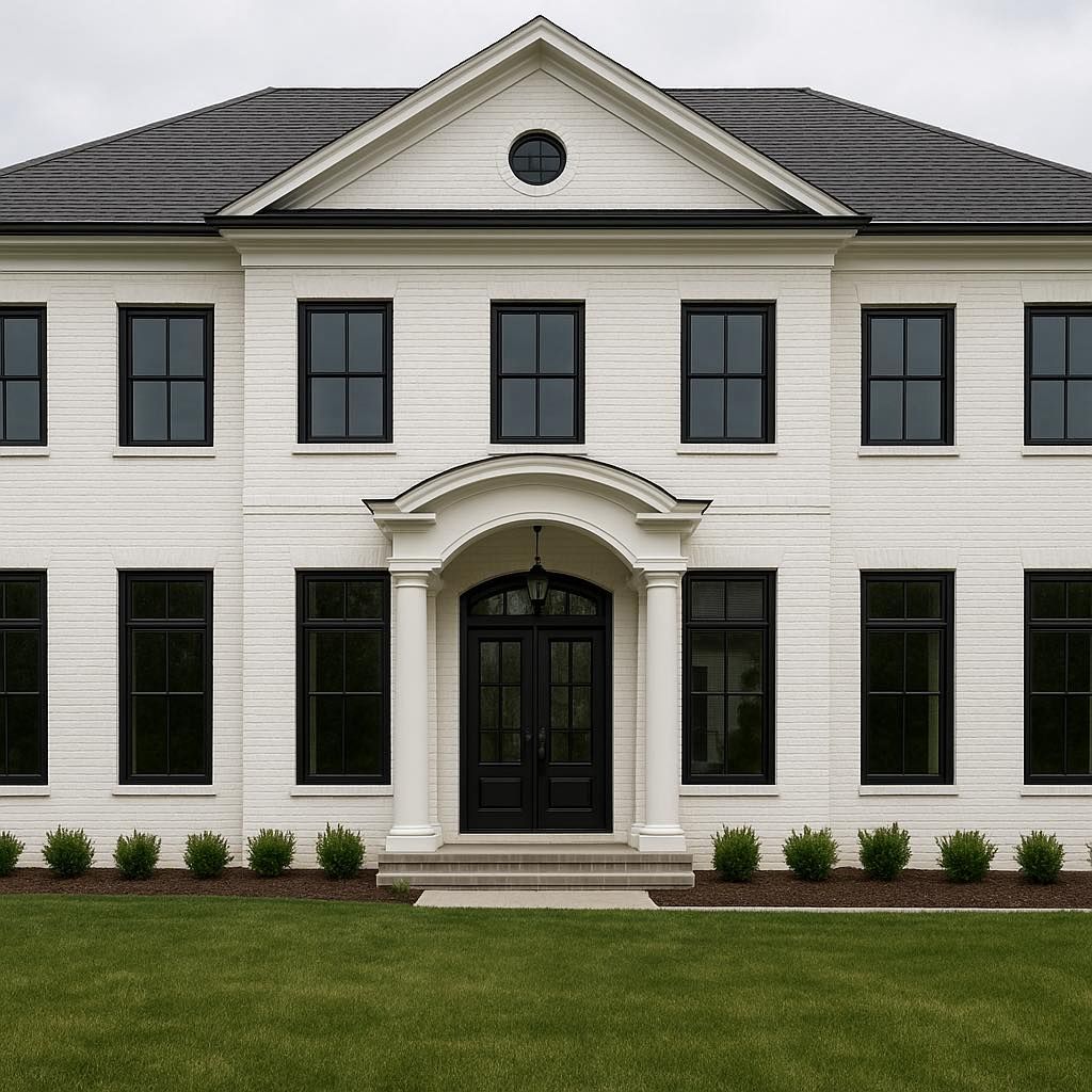White two-story house with black windows and door. Green lawn and gray roof.