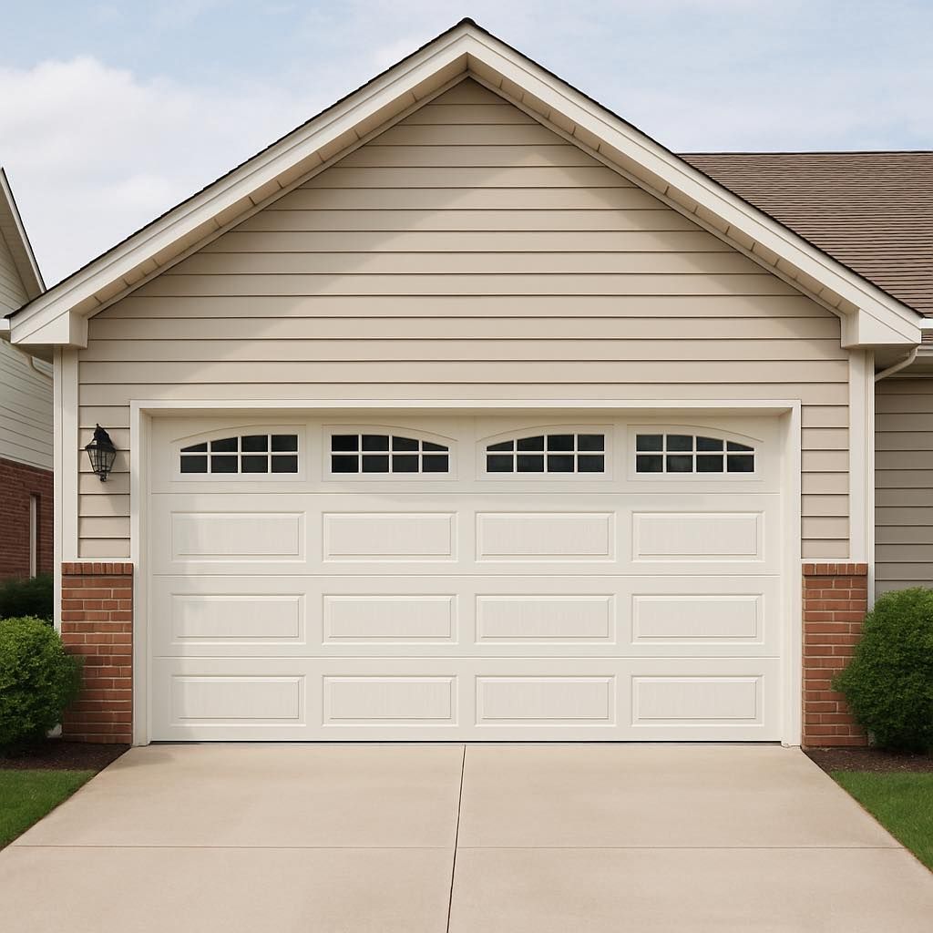 White garage door with arched windows and beige siding.