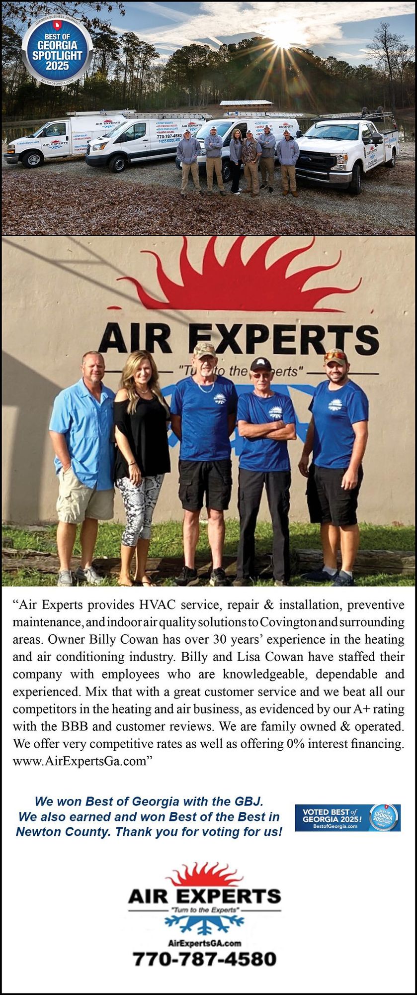 Air Experts team photo in front of company vans and logo with contact information.