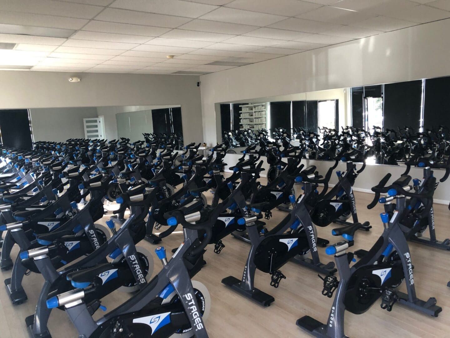 A large room filled with lots of exercise bikes