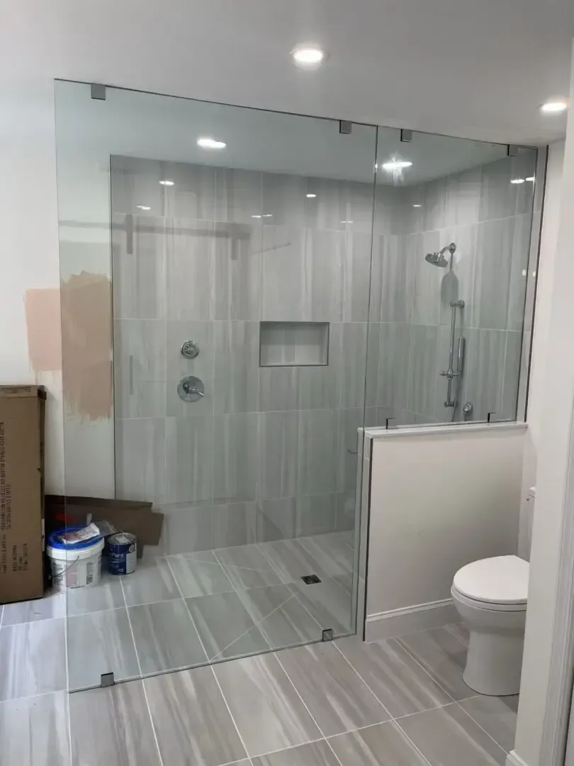 A bathroom with a walk in shower and a toilet.