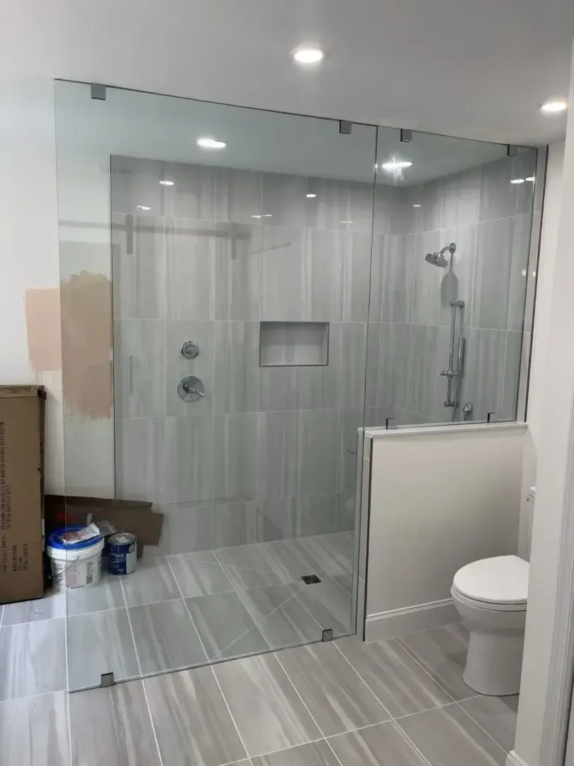 A bathroom with a walk in shower and a toilet.