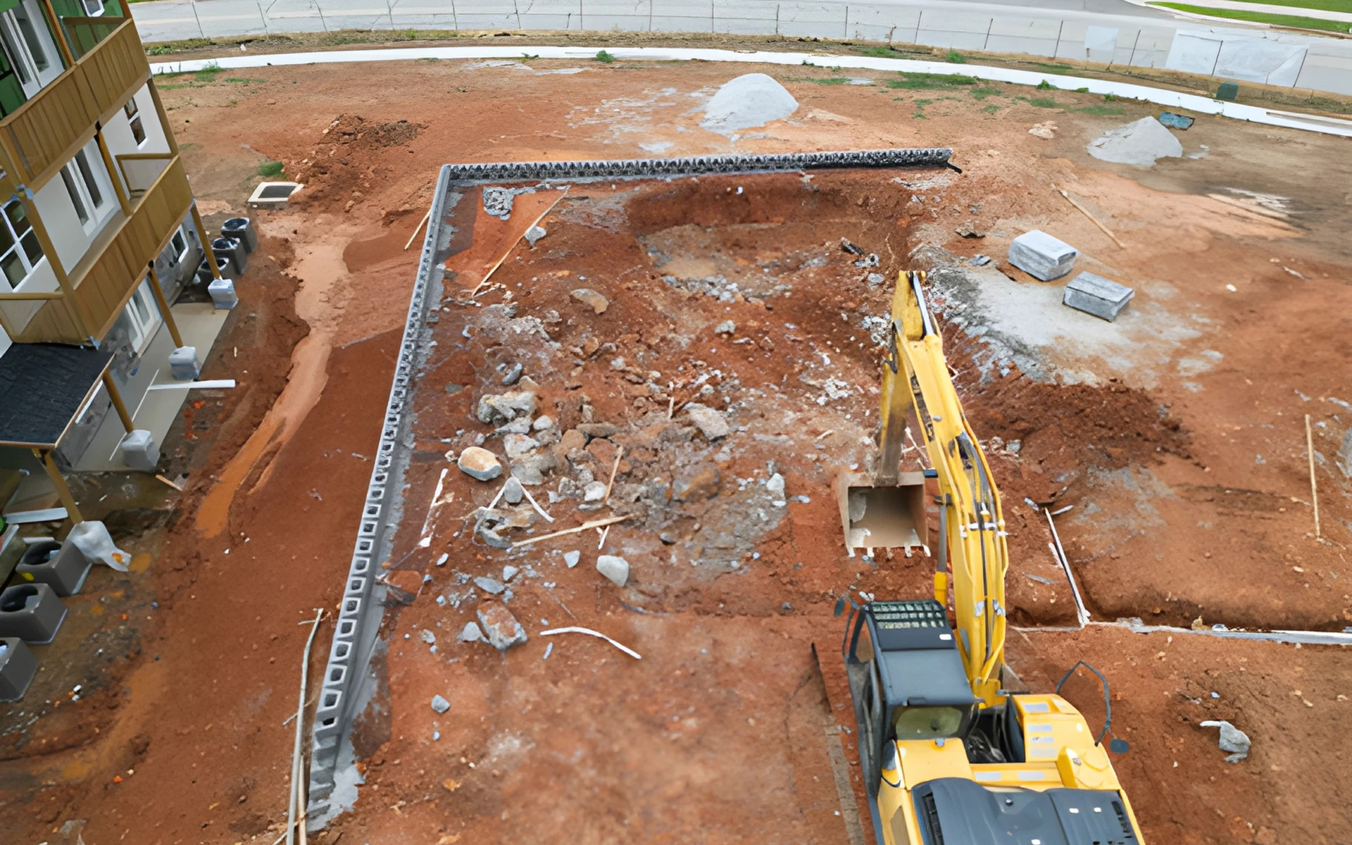 Construction site with yellow excavator digging in red dirt near building.