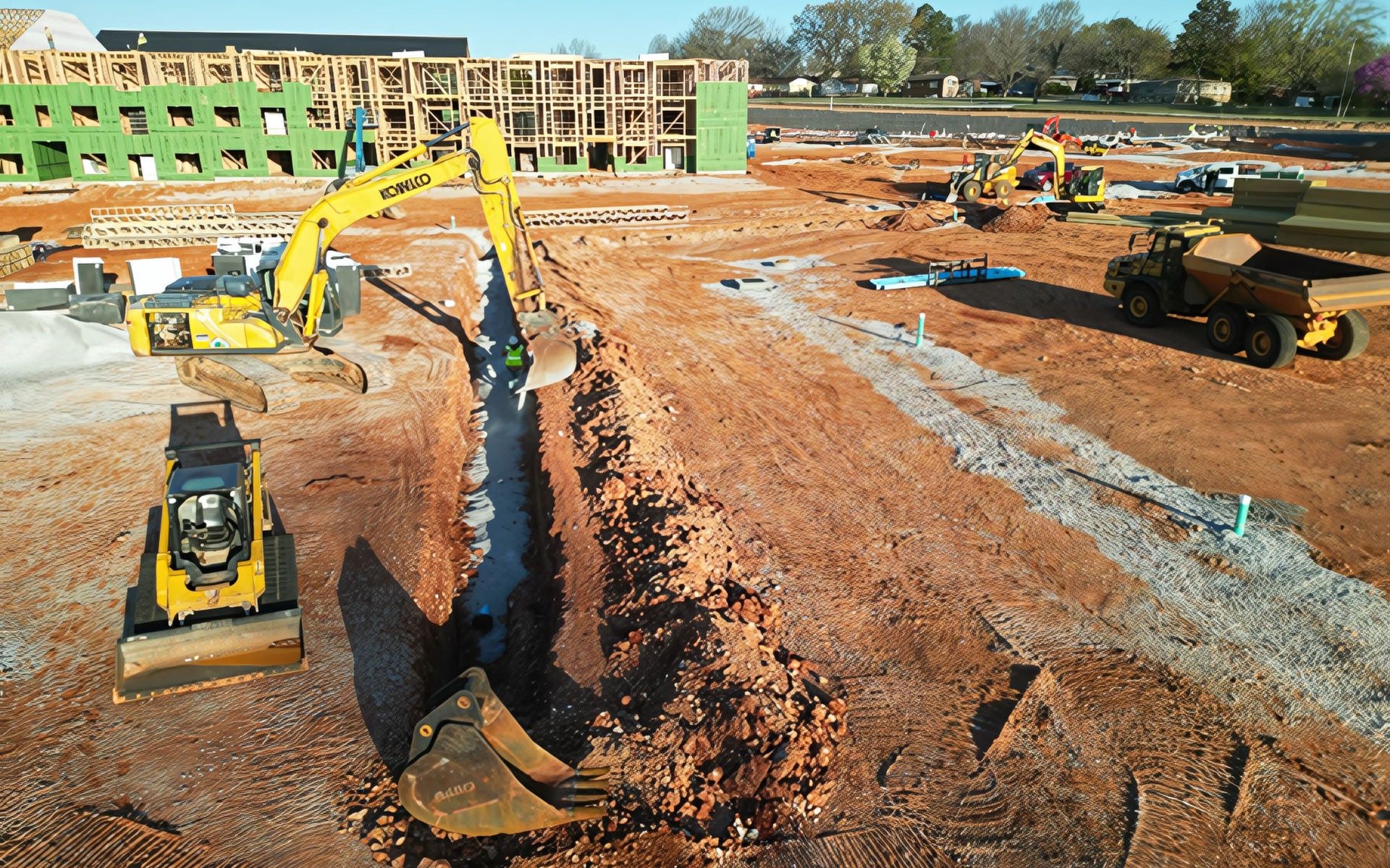 Construction site with excavator digging a trench; other machinery and a partially built structure.