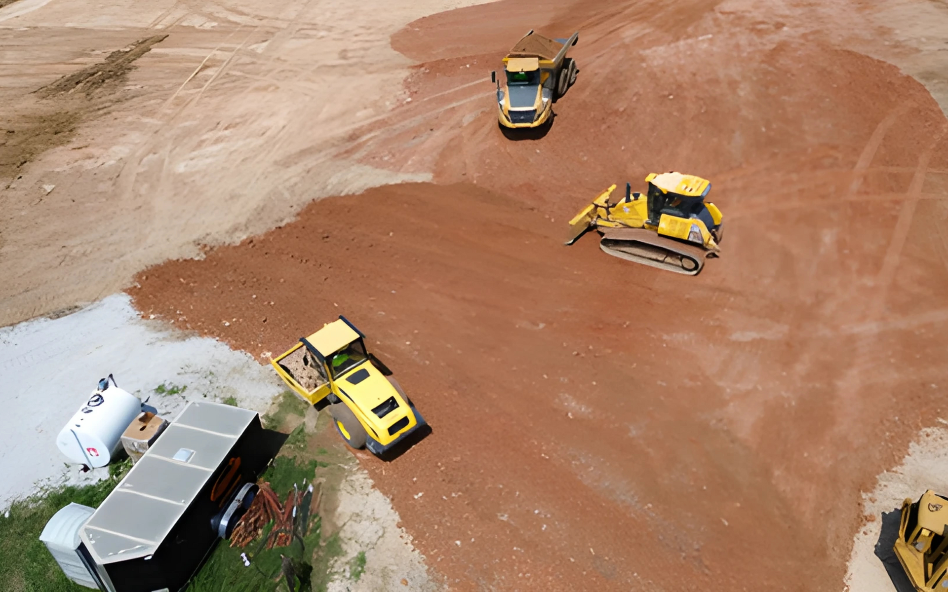 Construction site with yellow bulldozers, a dump truck, and soil.