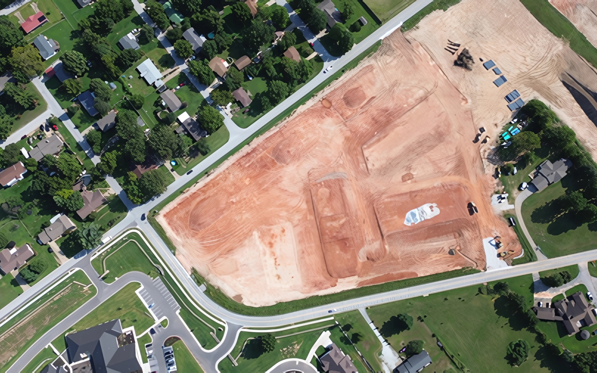 Aerial view of a construction site with exposed red earth, surrounded by roads and houses.