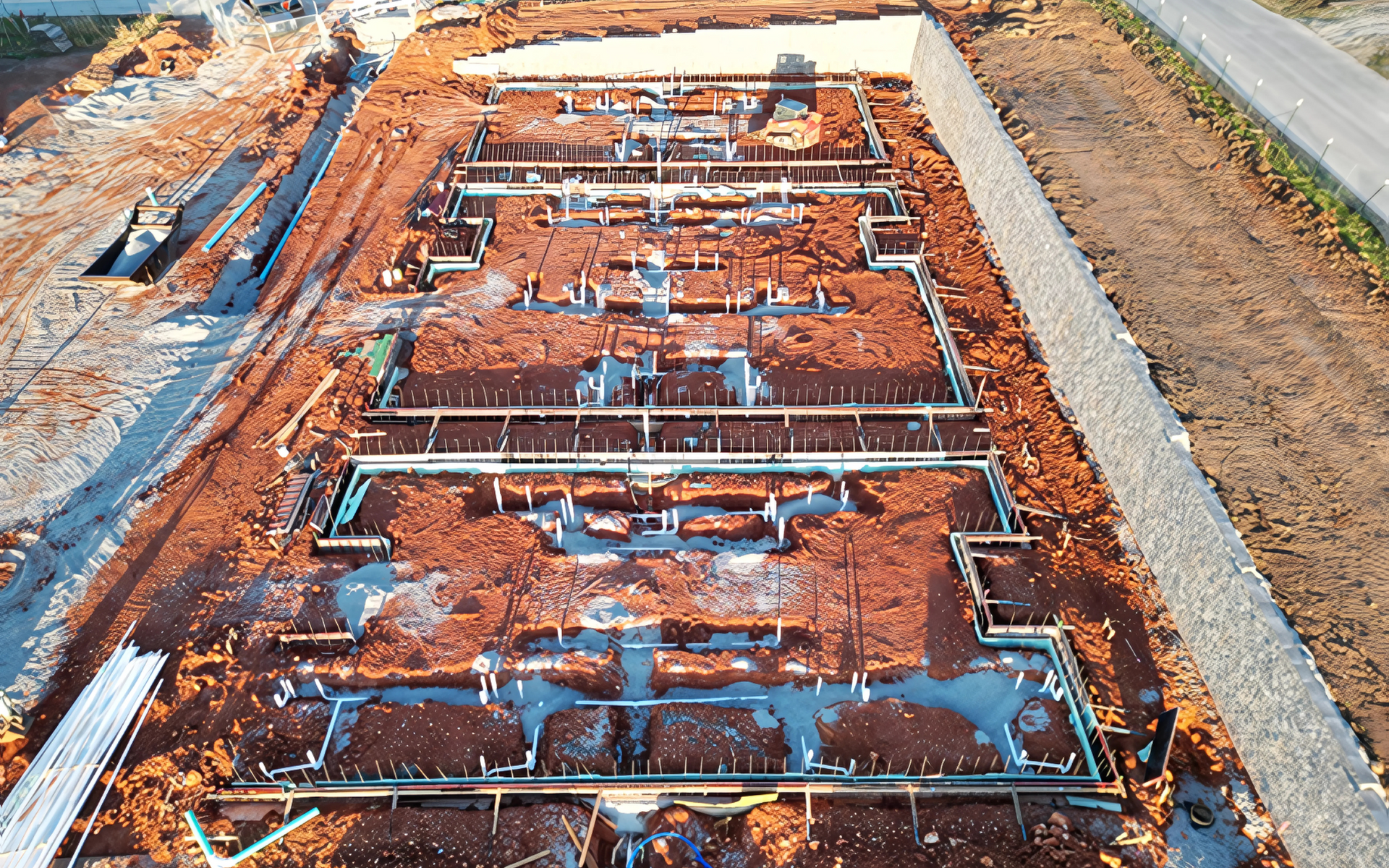 Construction site: Foundation framework with dirt, forms, and partially poured concrete.