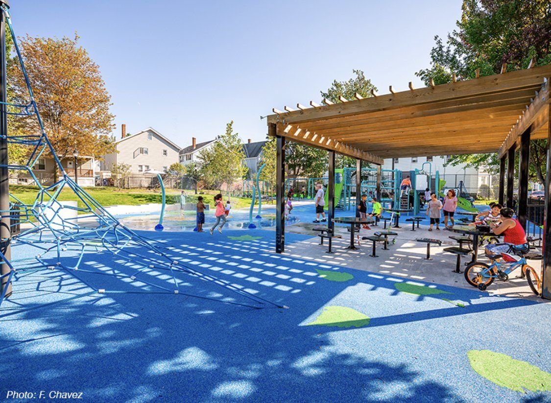 A group of people are sitting at picnic tables in a park.