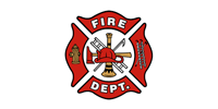 Fire department emblem with red Maltese cross, tools, and text.