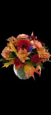 Colorful floral arrangement in a clear vase, set against a black backdrop.