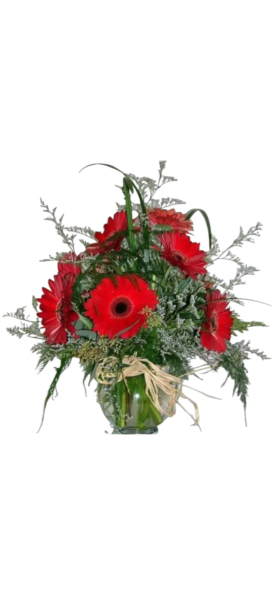 Bouquet of red gerbera daisies in a green vase, with greenery and ribbon.