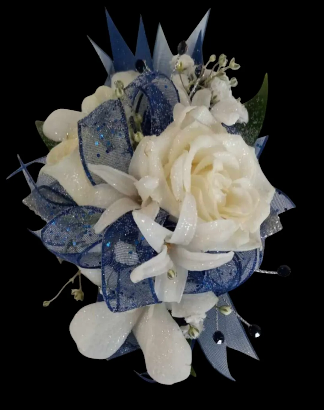 White and blue floral wrist corsage with ribbons and accents against a black background.