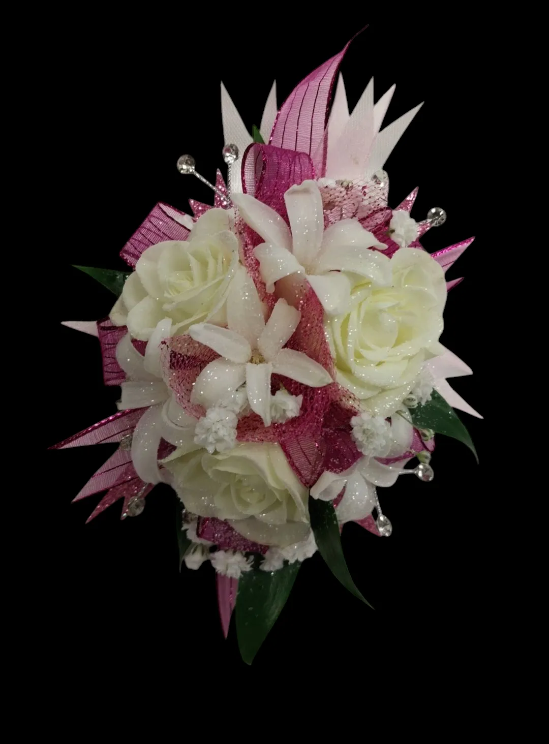 Bouquet of white roses and white orchids with magenta accents and crystal accents.