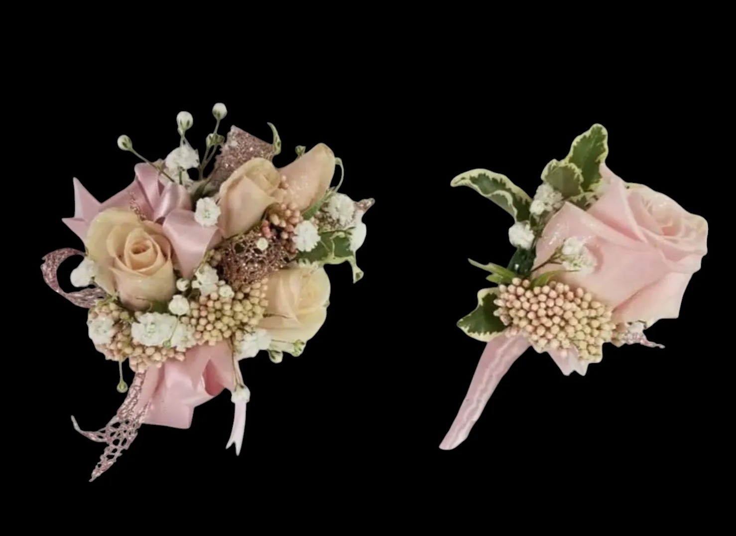 Two floral corsages with pink and beige roses, set against a black background.