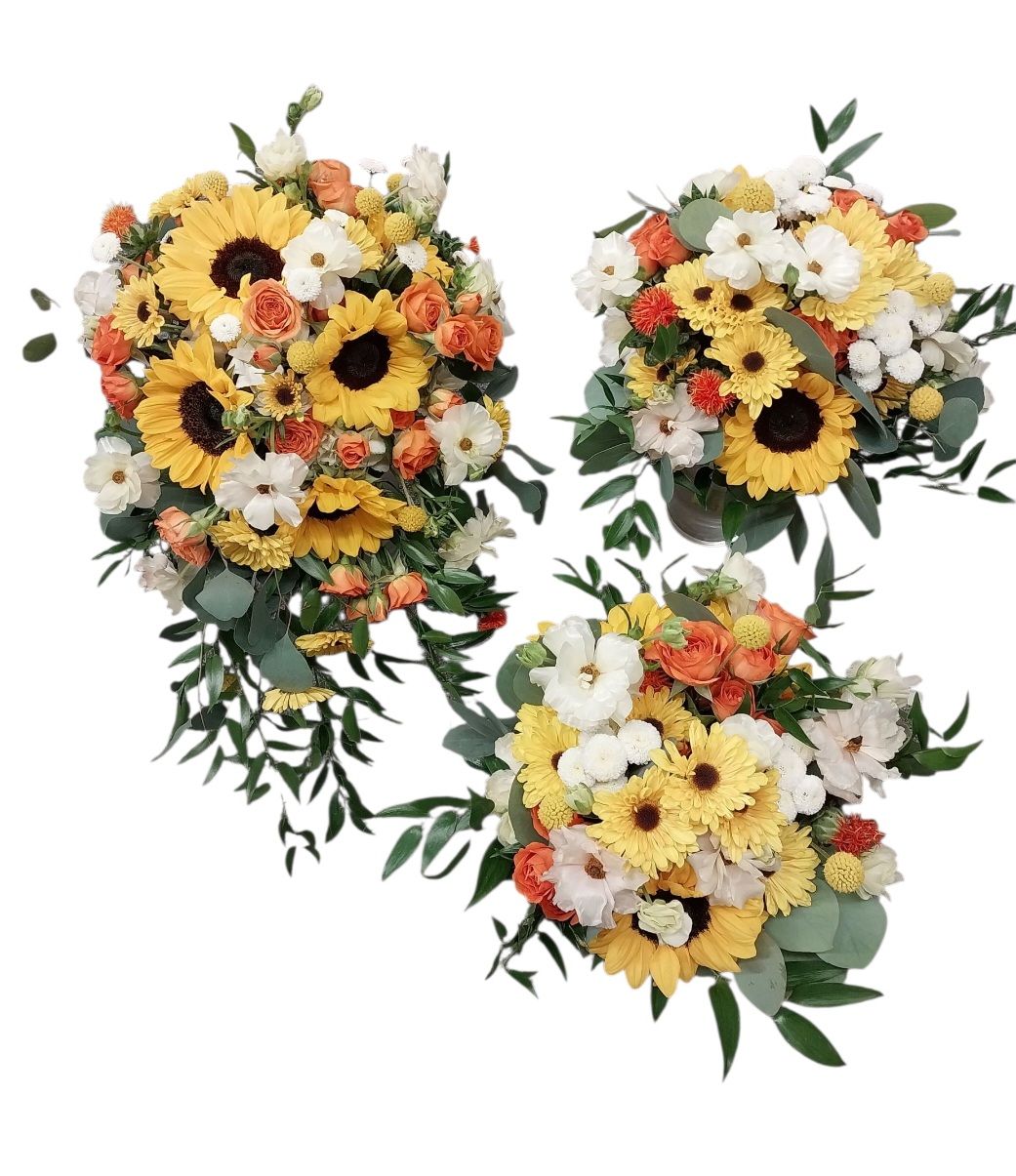 Three bouquets of yellow sunflowers, orange roses, and white flowers with green foliage.