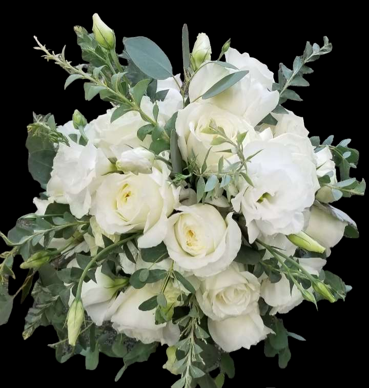 White flower bouquet with greenery against a black background.